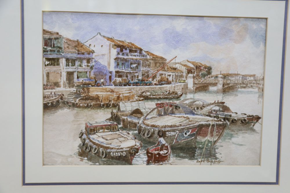 Francis Kwok Peng Kin, watercolour, Harbour scene, signed, 21 x 32cm and a study of horses by Vigil
